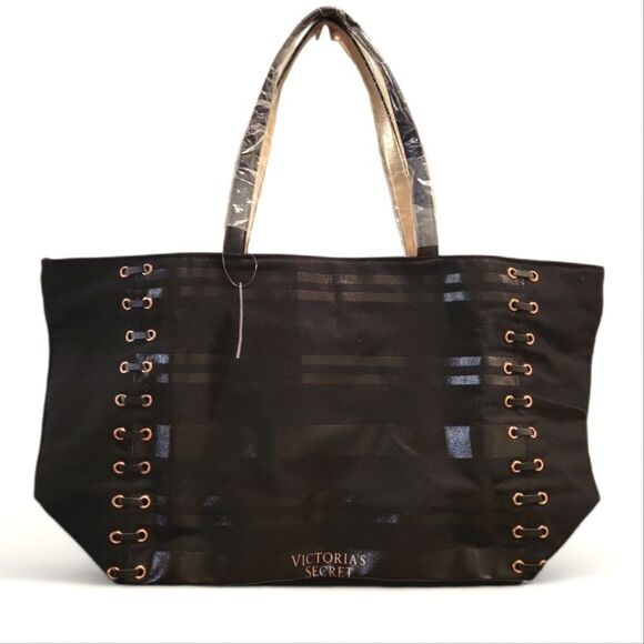 NWT! Victoria’s Secret Lace Up Corset Black Rose Gold Weekender Travel Tote Bag - Picture 1 of 8